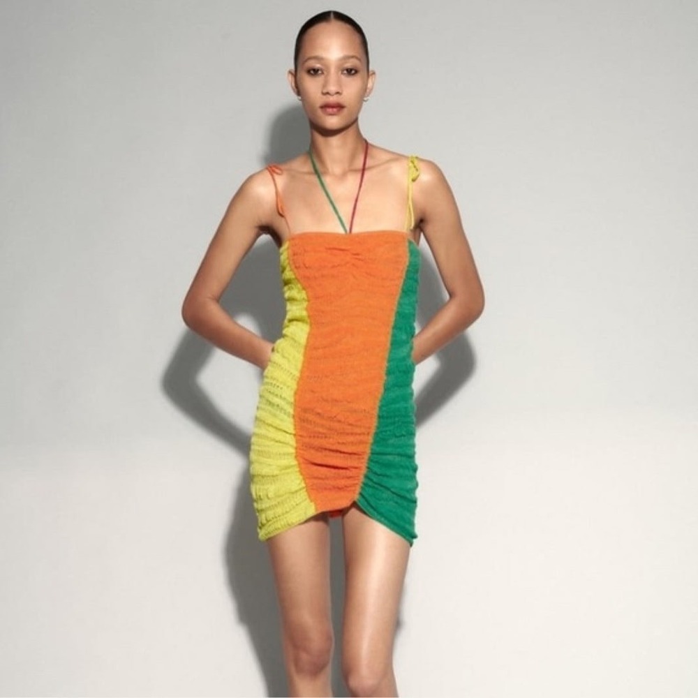 Zara Italian Yarn Linen Blend Colorblock Mini Dress Orange Green Yellow M NWT